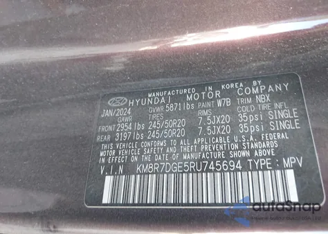 2024 Hyundai Palisade Calligraphy из США, поврежденный, VIN KM8R7DGE5RU745694